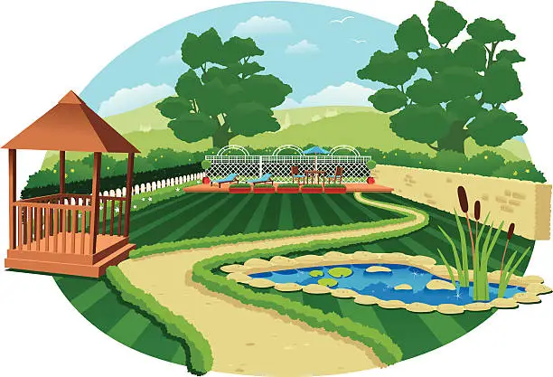 Vector illustration of Large country garden with pond and gazebo