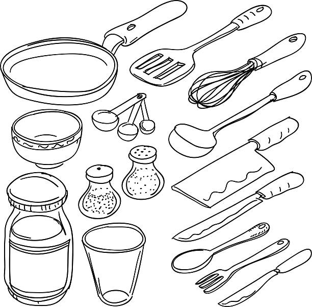 ilustrações de stock, clip art, desenhos animados e ícones de utensílios de cozinha, esboço de estilo - white background container silverware dishware