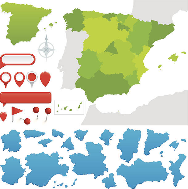 Communities of Spain Map of the 17 Autonomous communities of Spain. All on labelled layers. balearic islands stock illustrations