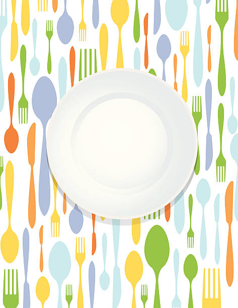 illustrazioni stock, clip art, cartoni animati e icone di tendenza di forchetta cucchiaio coltello illustrazione utensile - plate dinning table blue