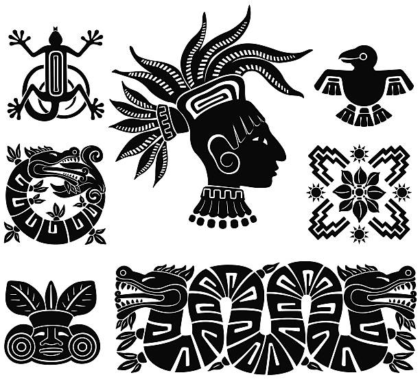 Mayan silhouette illustrations Mayan silhouette illustrations including a double headed dragon, an oroborus serpent, a bird,  frog,  mayan king profile, etc inca stock illustrations