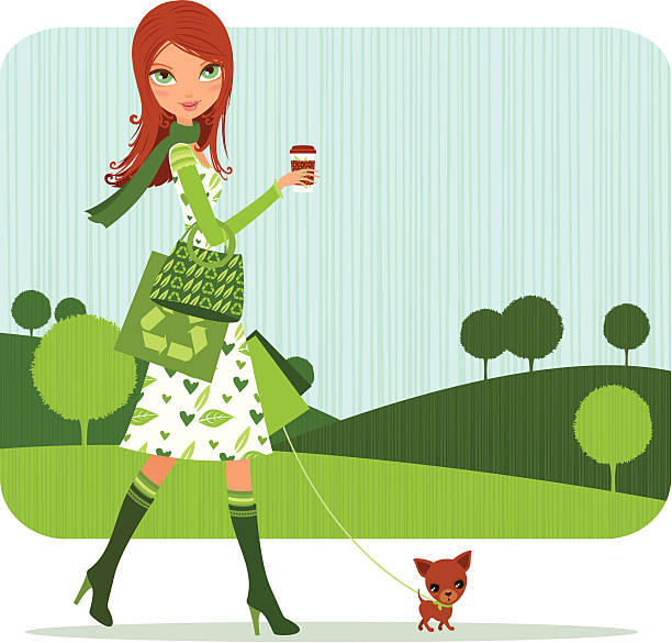 Green Girl Shopping with Cozy Coffee vector art illustration