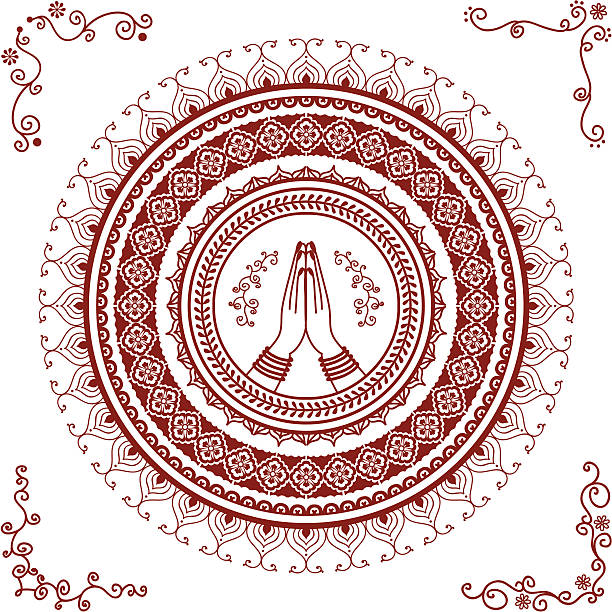 Mehndi Namaste Mandala A detailed mandala where the central design is two hands pressed together in namaste. Also four curly corner designs. Inspired by the art of mehndi (henna painting). (Includes .jpg) anjali mudra stock illustrations