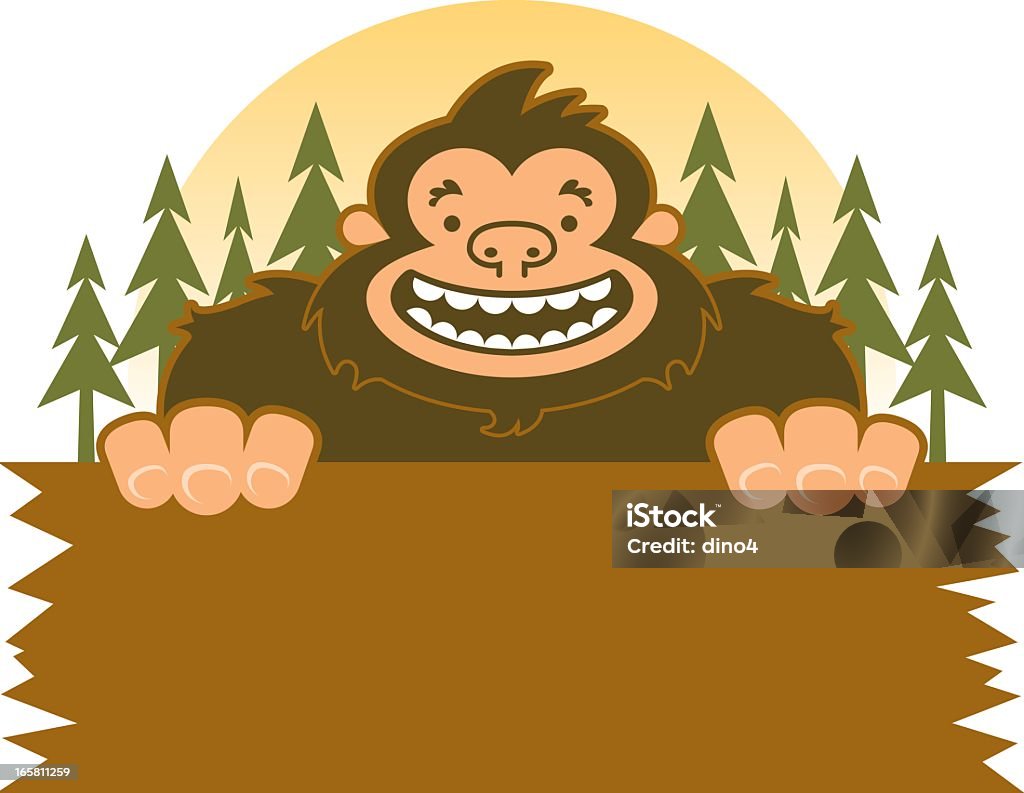 Bigfoot улыбающегося держит Знак в лесу - Векторная графика Знак Осторожно снежный человек роялти-фри