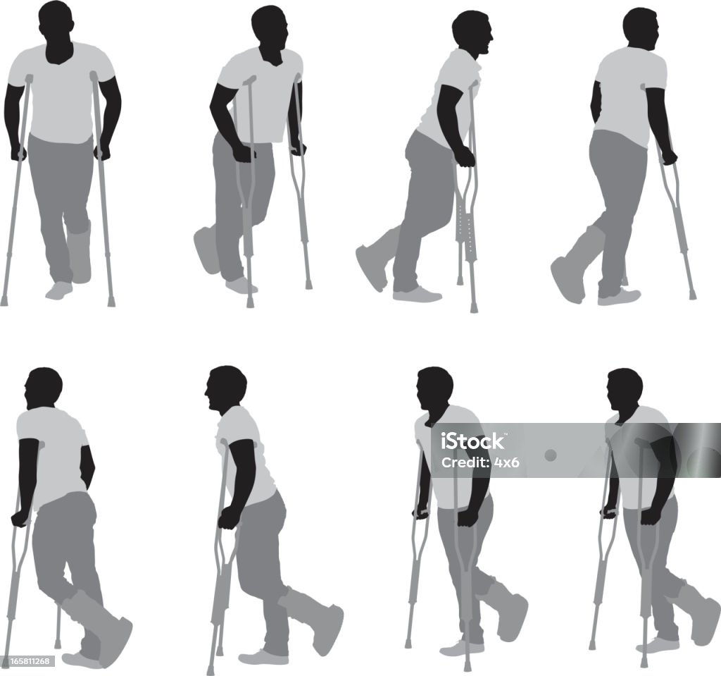 Heridas hombre walkiing con la ayuda de crutches - arte vectorial de Muleta libre de derechos