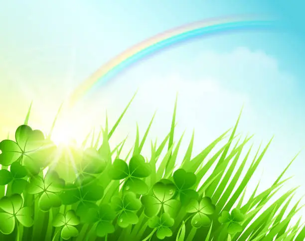 Vector illustration of Saint Patrick's Day background with clovers and a rainbow