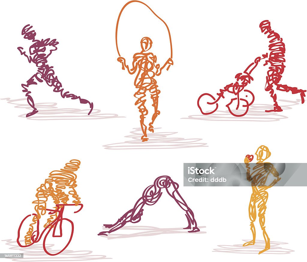 Scribbled Healthy Lifestyle Sketchy style scribbled people in various healthy lifestyle activities. Includes running/jogging, jump roping, cycling, stretching/yoga and eating an apple. Vector illustration colors can be easily changed. XL jpg included. Yoga stock vector