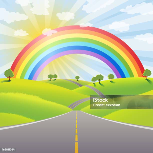 Ilustración de Arco Iris Sobre El País Línea Divisoria y más Vectores Libres de Derechos de Arco iris - Arco iris, Vector, Vía