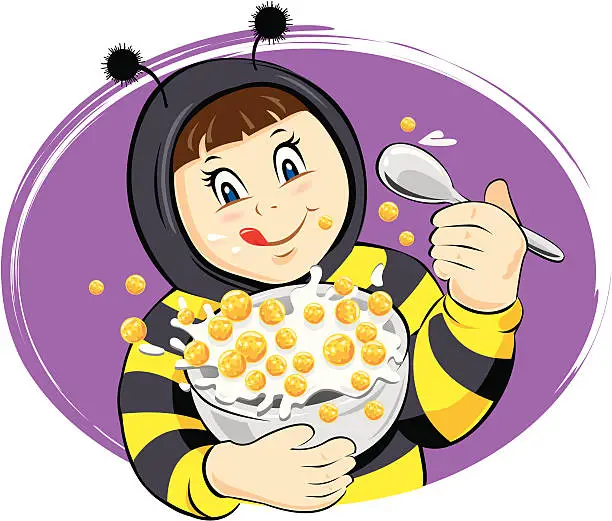 Vector illustration of kid eating honey cereal