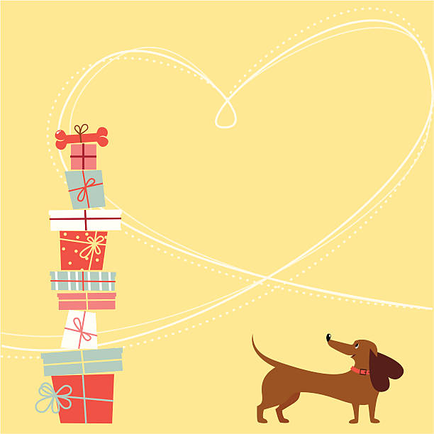 Happy birthday dog Dachshund dog and gift boxes with bone. Heart shape frame. Happy birthday card. Copy space. Global colors used - easy to change colors. balance borders stock illustrations