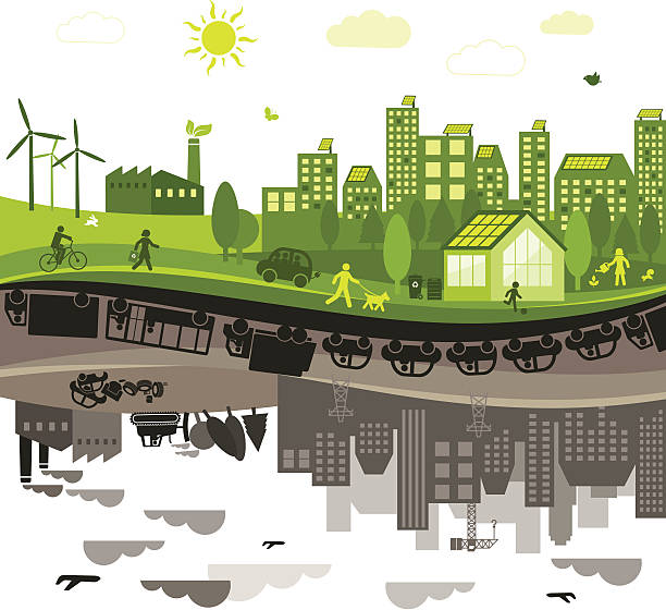 ilustrações de stock, clip art, desenhos animados e ícones de verde vs. poluída cidade - factory environment city environmental conservation