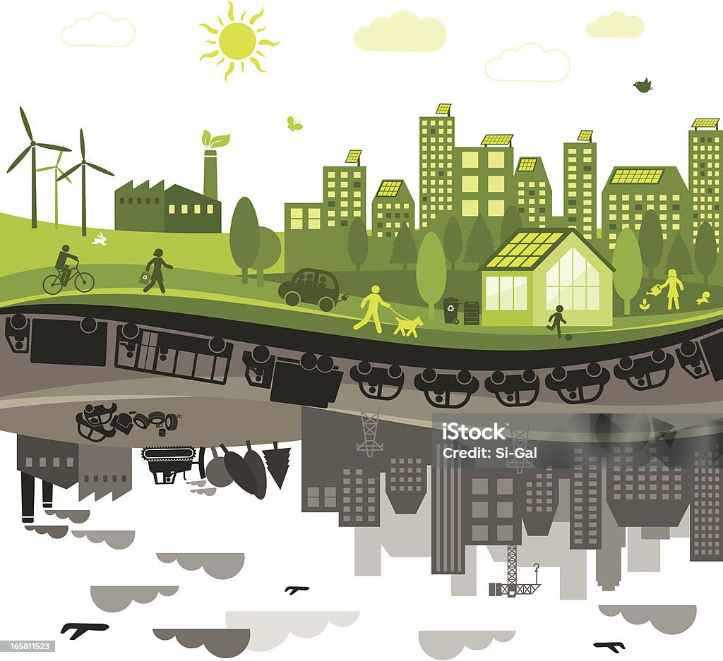 Green Vs. Polluted City View of a green city versus a polluted city Pollution stock vector