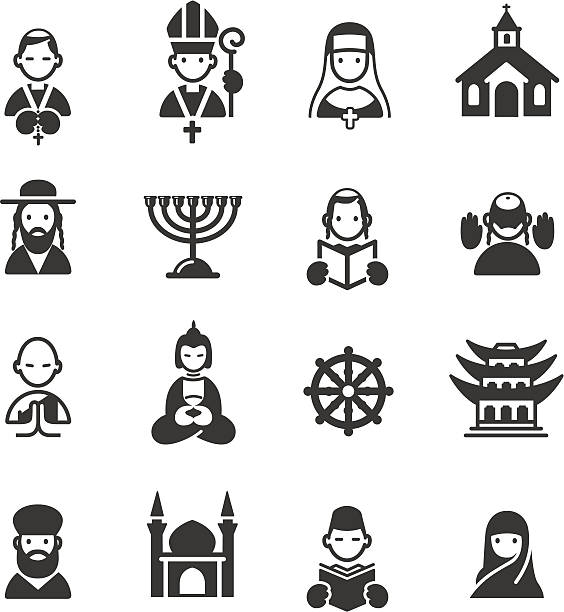 Multiple religion and place of worship icons Set of 16 Religion related icons. JPG file and EPS8 file. nun praying cross human hand stock illustrations