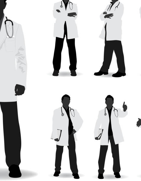 illustrazioni stock, clip art, cartoni animati e icone di tendenza di silhouette del medico - mano sul fianco illustrazioni