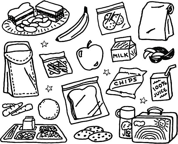 Kids Lunch A collection of kids' lunch items. banana drawings stock illustrations