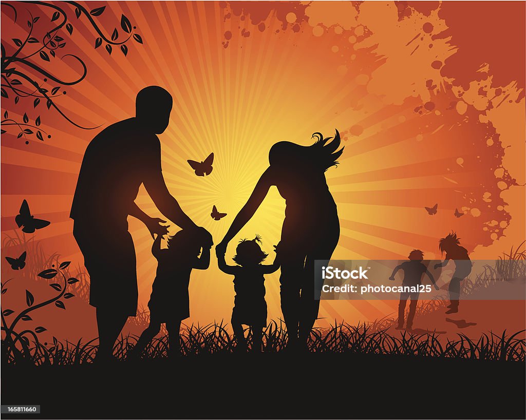 Family enjoying nature Simple family silhouette returning to the city. Family stock vector