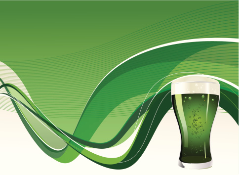 St. patricks day background with green beer, abstract fluid lines and space for copy.