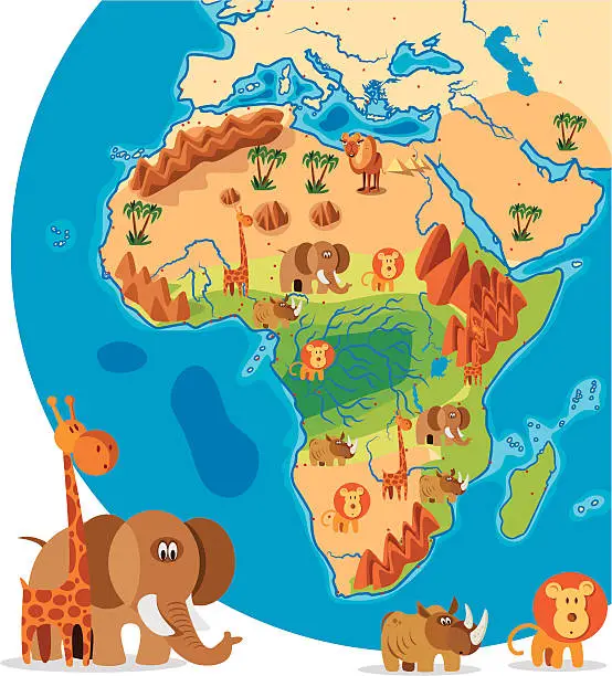 Vector illustration of Cartoon map of Africa (Animals)
