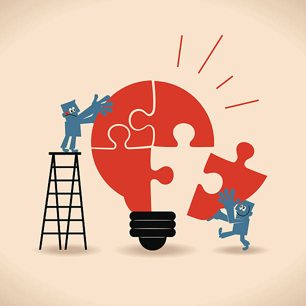 Businessmen standing on ladder, completing an idea light bulb puzzle Vector art illustration. big idea stock illustrations