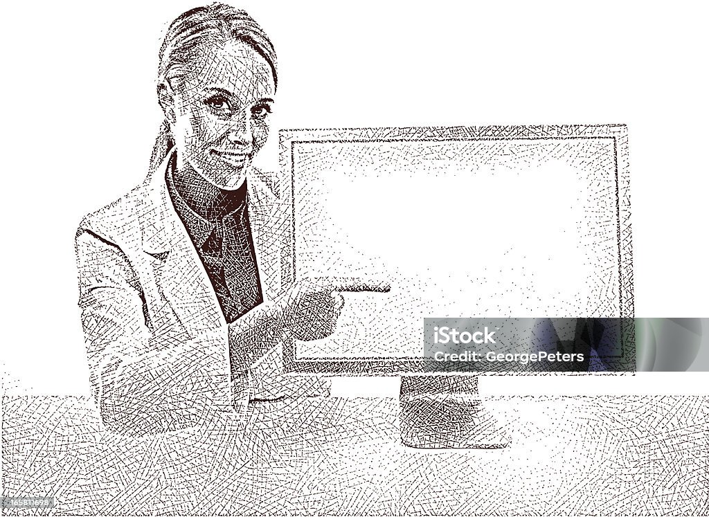 Profesjonalny kobieta z wyciągniętą ręką na Monitor komputerowy - Grafika wektorowa royalty-free (Komputer)
