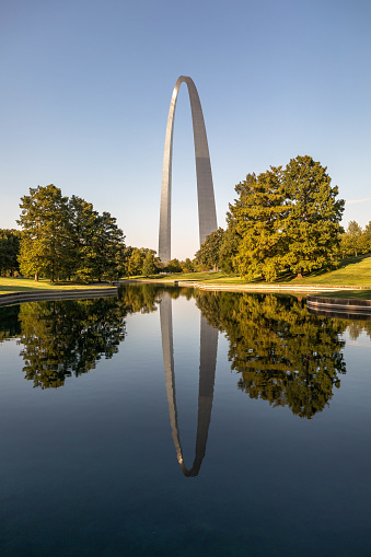 Gateway Arch reflected in water in midday