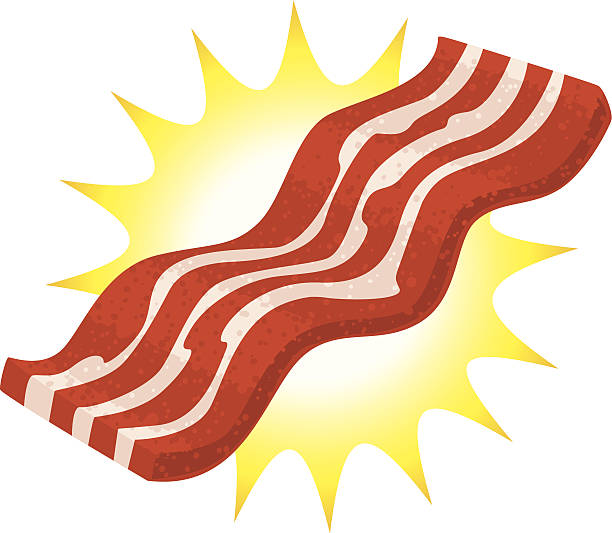 Glorious bacon illustration of a piece of bacon with a burst behind it, perfect graphic for your bacon blog bacon illustrations stock illustrations