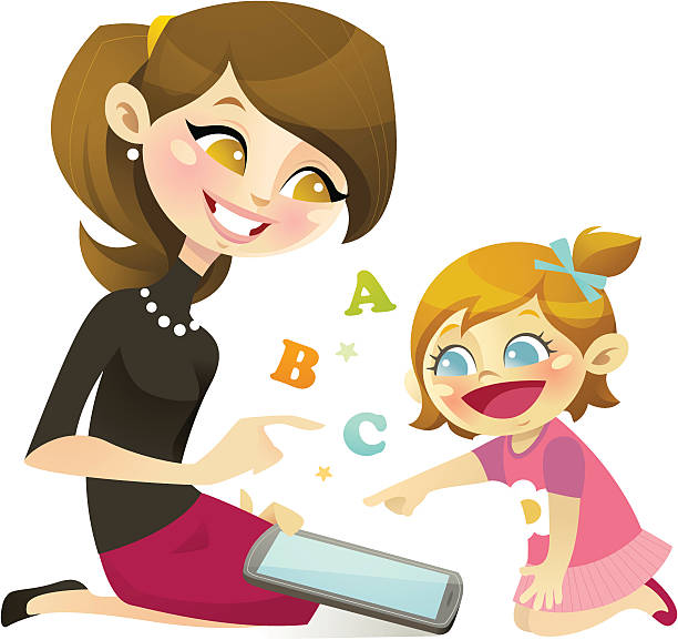 illustrazioni stock, clip art, cartoni animati e icone di tendenza di imparare a leggere con tablet - child digital tablet mother teaching
