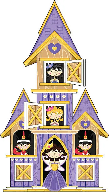 Vector illustration of Princesses with Guards in Mini Castle