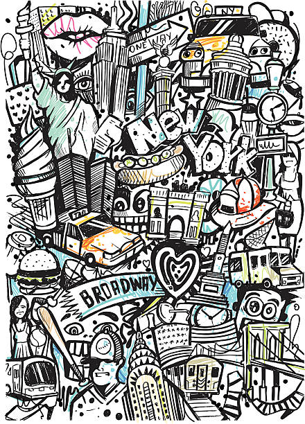 new york style doodle Image shows a doodle of new york seeings in sketchy art; vectorimage with only one layer, without opening shapes and gradients; big jpeg (350DPI); digital drawing with free wild style; fantasy drawing; you can delete the colour fill in new york city illustrations stock illustrations