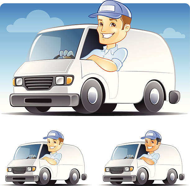 illustrazioni stock, clip art, cartoni animati e icone di tendenza di uomo di consegna, soldato, tuttofare più riparatore guida van - van delivery van mini van messenger