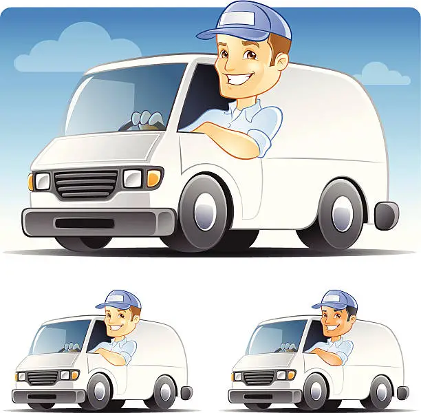 Vector illustration of Delivery man, Serviceman, Handyman, Repairman Driving Van