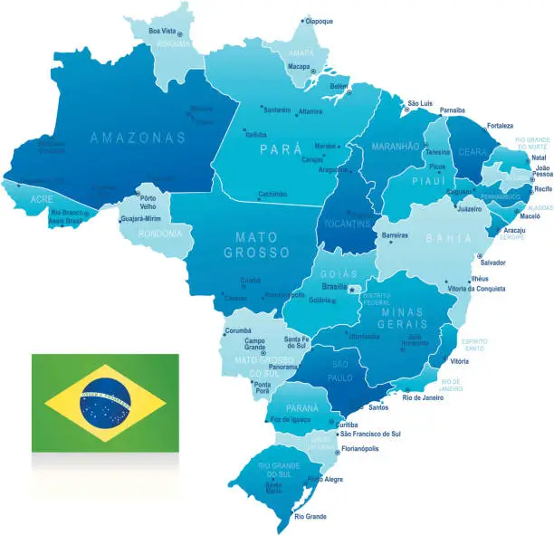 Vector illustration of Map of Brazil - states, cities and flag