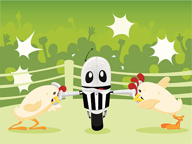 Mechanically Separated Chickens Two vicious chickens ready to fight are held at bay by a nervous robot referee as an excited crowd looks on. rooster open wings stock illustrations