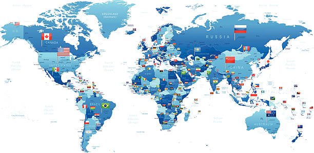 Hochdetaillierte Weltkarte mit Ländern, Städten und Flaggen.