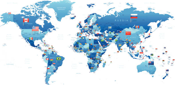 Highly detailed map of the world with countries, cities and flags.
