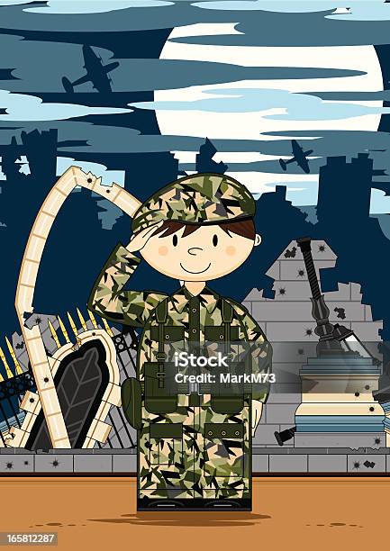 Ilustración de Linda Army Soldier In Arruinado A La Ciudad y más Vectores Libres de Derechos de Ejército de Tierra - Ejército de Tierra, Adulto joven, Agujero de bala