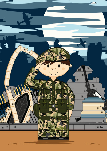 Cute Army Soldier in Ruined City