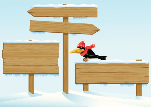 Collection of three wooden signs, of varying shapes and sizes, one with a crow perched on top. Background is a field of snow. Crow can be removed. Artwork on separate and editable layers, elements can be scaled, adjusted and moved to suit your needs. Download includes an AI8 EPS vector file and a high resolution JPEG file (min. 1900 x 2800 pixels). Similar files: