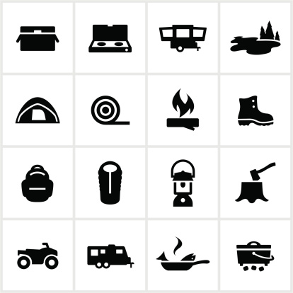 Camping and outdoor recreation related icons. All white strokes and shapes are cut from the icons and merged allowing the background to show through.