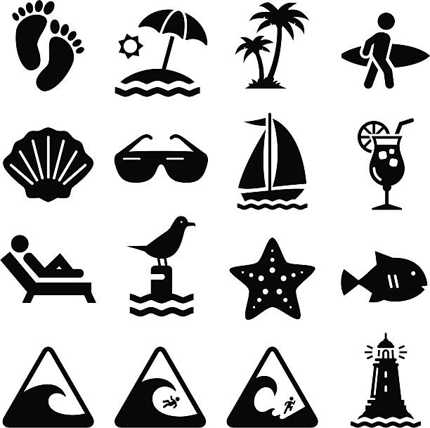 Beach Icons - Black Series Beach, waves and summer fun. Professional icons for your print project or Web site. See more in this series. wave water clipart stock illustrations