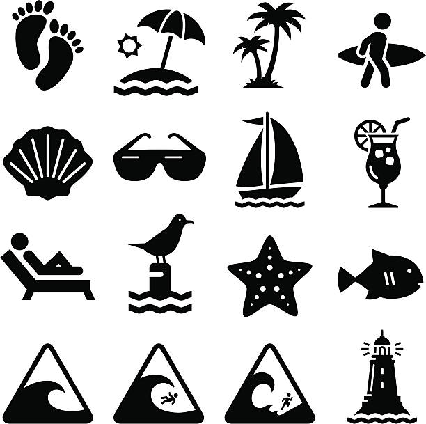 Beach Icons - Black Series Beach, waves and summer fun. Professional icons for your print project or Web site. See more in this series. starfish sunglasses stock illustrations