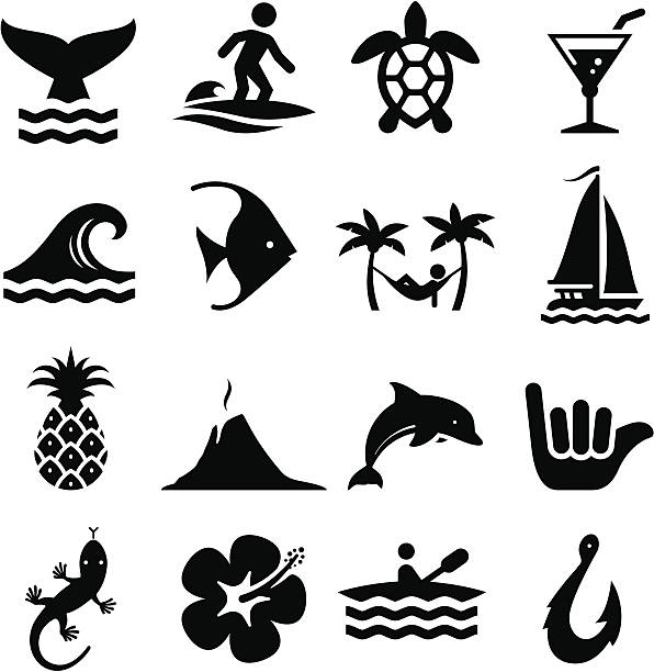 illustrations, cliparts, dessins animés et icônes de hawaiian série d'icônes-noir - wave surfing sea surf