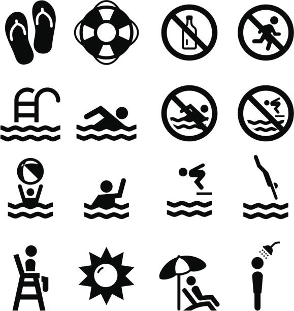 Swim Icons - Black Series "Swimming, pool and diving icon set. Professional icons for your print project or Web site. See more in this series." flip flop stock illustrations