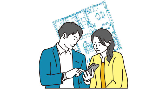 Asian men and women looking at real estate properties on smartphones Asian men and women looking at real estate properties on smartphones floor plan illustrations stock illustrations