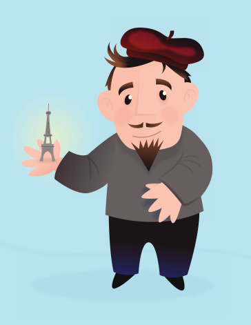 Vector illustration of a Parisian man holding the Eiffel Tower in the palm of his hand. This is a AI10 eps file. There are transparent effects used for many of the highlights and shadows. There are a few blur effects. All transparent and blur effects are saved on separate layers that are clearly labeled. 