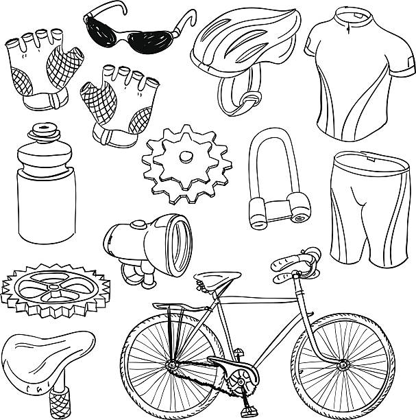 Bicycle equipment in black and white Bicycle equipment in line art style, black and white cycling bicycle pencil drawing cyclist stock illustrations