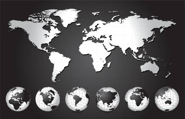 черно-белая карта мира с глобус collection - portugal ghana stock illustrations
