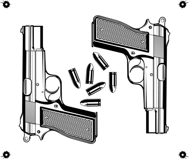 Hand Gun with Bullets vector art illustration