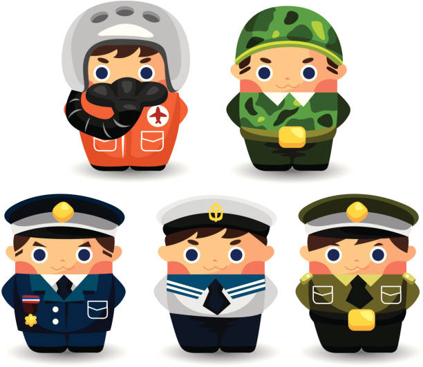 illustrazioni stock, clip art, cartoni animati e icone di tendenza di fumetto di soldato persone set - saluting sailor armed forces men