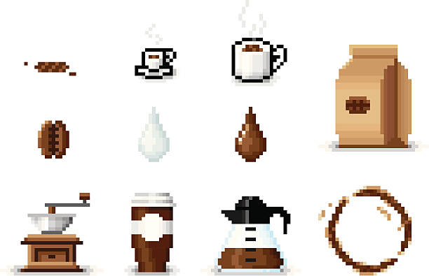ikony pikseli sztuka kawy - black coffee illustrations stock illustrations